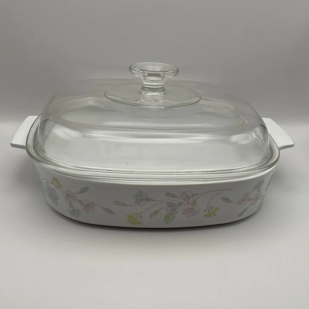 Vintage CorningWare Pastel Bouquet Square Baking Dish with Glass Lid See‎ NOTE